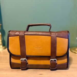 Vetelli Italian Hanging Travel Toiletry Bag | Brown & Mustard Vegan Leather
